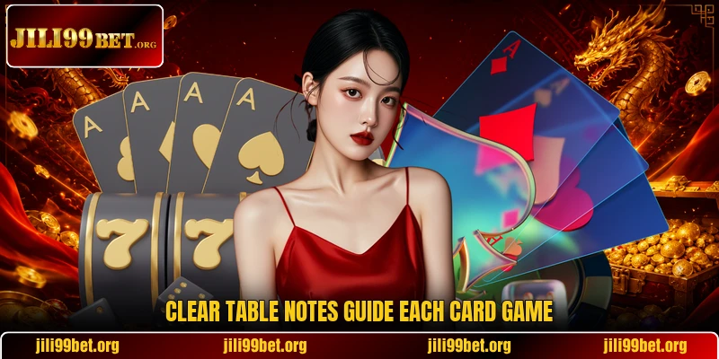 Clear table notes guide each card game