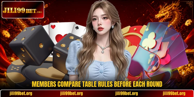 Members compare table rules before each round Members compare table rules before each round