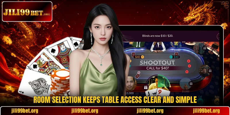 Room selection keeps table access clear and simple Room selection keeps table access clear and simple
